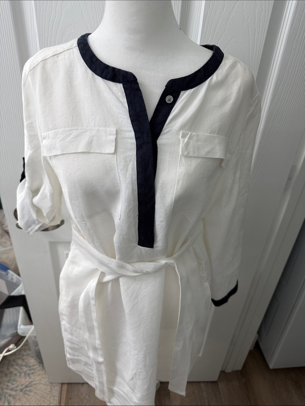 DKNYC White Midi Tunic Dress with Black Trim